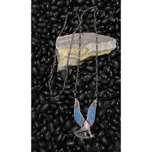 Native Sterling Flying Eagle Pendant Figaro Necklace Inlaid Turquoise Coral Chip